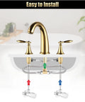 Diagram of Polished Gold 3 Hole Bathroom Faucet Set With Overflow Pop Up Drain Easy Install Widespread Brass Two Handle Bath Tub Faucet For Restroom Sink No Drip Ceramic Valve showing installation components.