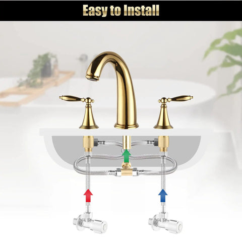 Diagram of Polished Gold 3 Hole Bathroom Faucet Set With Overflow Pop Up Drain Easy Install Widespread Brass Two Handle Bath Tub Faucet For Restroom Sink No Drip Ceramic Valve showing installation components.