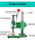 Heavy Duty Cast Iron Arbor Press With Slick Automatic Rebound Handle And Knockout 350 Lb Capacity showing adjustable height and labor-saving spring.