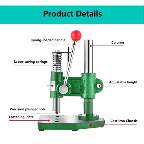 Heavy Duty Cast Iron Arbor Press With Slick Automatic Rebound Handle And Knockout 350 Lb Capacity showing adjustable height and labor-saving spring.
