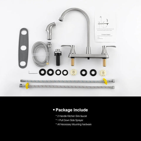 Brushed Nickel Pro Grade Two-Handle Kitchen Faucet With Side Sprayer For 4-Hole Kitchen Sink, High Arc 360 Degree Spout components