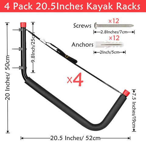 Big Time Heavy Duty 4 Pack Kayak Storage Racks Wall Mount Hangers, 20.5 inches, sturdy steel for organized gear storage.