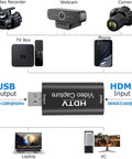 HDMI to USB video capture device diagram with connections to video recorder, webcam, camera, TV box, phone, laptop, and PC.