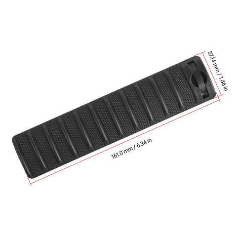 Single black rail cover from 4 Pack Picatinny Rail Cover Non Slip Protector Rail Covers Panel For 20mm Picatinny Rail Nylon Hunting Textured Surface For Max Grip Anti Slip Protects Hands From Heat Durable Nylon Construction Weather Resistant Lightweight Tactical Rail Panels.