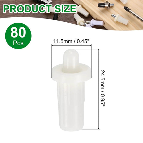 80 Piece Set Of White Plastic Spring Loaded Shutter Repair Pins For Plantation Shutters Window Blinds And Cabinet Hardware Featuring Snappy Fits And No Fuss Replacement Swaps, showing size details 11.5mm and 24.5mm.