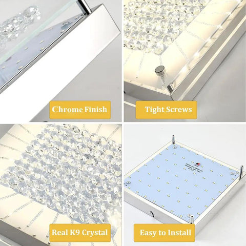 Collage of chrome finish, screws, K9 crystal detailing of 11 Inch LED Ceiling Light Fixture Flush Mount With Crystal Design.