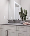 Bathroom countertop with decor, lacking specific view of Undermount White Bathroom Sink 16 By 11 Narrow Rectangular Vanity Sink With Overflow.