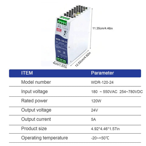 Workhorse Grade 120W Single Output DIN Rail Industrial Power Supply Delivering Rock Solid 24V DC At Five Amps With Wide AC Input Range And Clear DC Okay Status Light, compact design.