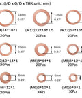 Heavy Duty 200 Piece Red Copper Flat Washer Assortment Kit Metric Sizes M5 To M14 For Ultimate Leak Proof Sealing On Your Cars And Engines Plus Hydraulic Systems Banjo Oil Pan Drain Plugs And Fittings Stay Sealed Like A Boss Even Under Stress. copper flat washers M5-M14 laid out by size