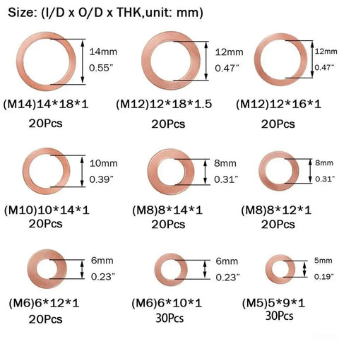 Heavy Duty 200 Piece Red Copper Flat Washer Assortment Kit Metric Sizes M5 To M14 For Ultimate Leak Proof Sealing On Your Cars And Engines Plus Hydraulic Systems Banjo Oil Pan Drain Plugs And Fittings Stay Sealed Like A Boss Even Under Stress. copper flat washers M5-M14 laid out by size