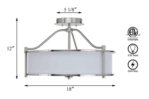Three Light Brushed Nickel Semi Flush Ceiling Light With Fabric Shade And Glass Diffuser, 18 Inch Drum Style Close To Ceiling