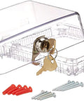 Locking Thermostat Guard Cover For Small 4.375 Inch Square Units Clear Plastic Shield With Built In Keys, screws visible