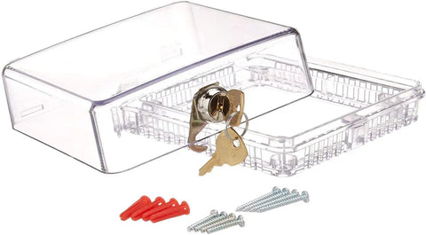 Locking Thermostat Guard Cover For Small 4.375 Inch Square Units Clear Plastic Shield With Built In Keys, screws visible