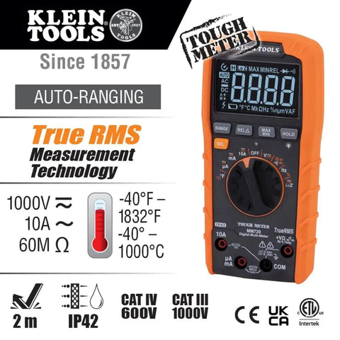 Rugged Digital Multimeter With Auto-Ranging TRMS LoZ Ghost Voltage Elimination, 1000V AC/DC, orange case, front view display