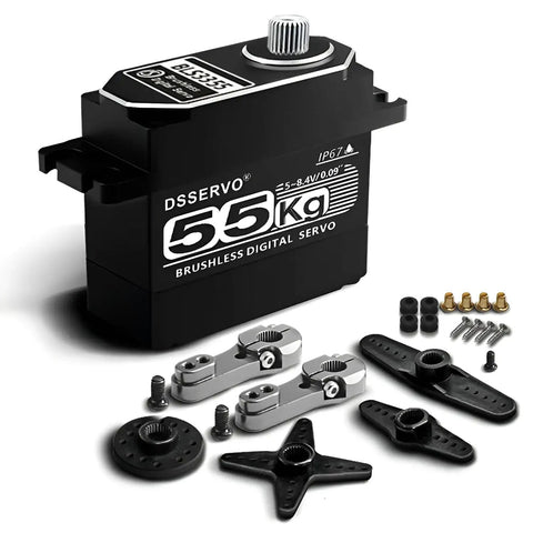 Beefy High Torque 55Kg Full Metal Coreless Digital RC Servo with accessories for 1/10 scale crawler cars on white background