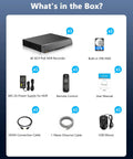 4K 8CH PoE NVR With 10 Inch IPS Monitor box contents include NVR recorder, HDD, power supply, remote, manual, cables, USB mouse.