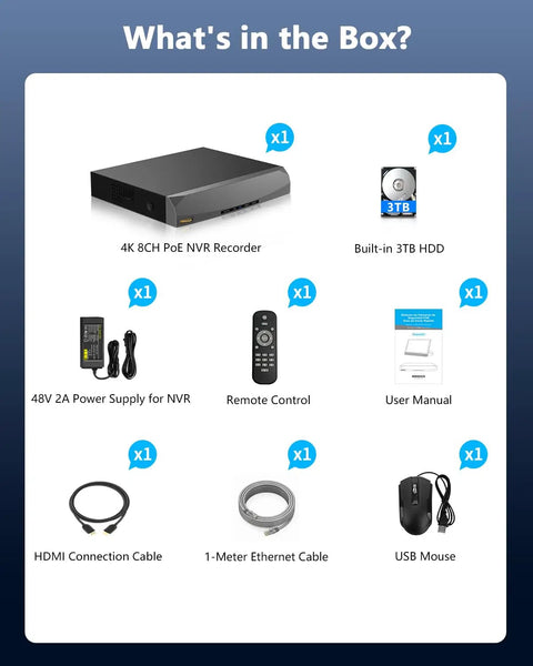 4K 8CH PoE NVR With 10 Inch IPS Monitor box contents include NVR recorder, HDD, power supply, remote, manual, cables, USB mouse.