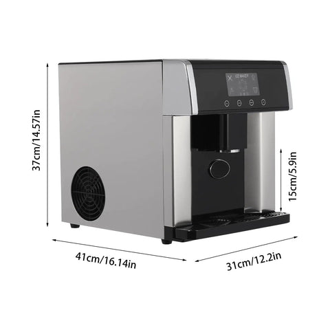 No Brainer Slick Countertop Ice Maker And Electric Water Dispenser With Durable Stainless Steel Finish For Rapid Bullet Ice Production and Multiple Cube Size Settings, showing Compact design and touch control panel.
