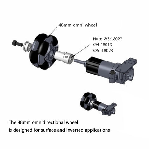Diagram of 48mm omni directional robot wheels with shaft couplings for smooth movement and precise control in robotics and DIY setups.