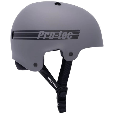 Side view of Old School Low Pro Certified Helmet with Deep Fit and SlimTech Core for skateboarding, matte grey finish.
