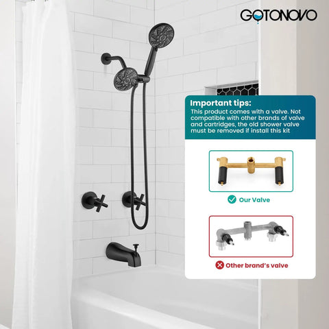 Upgrade Your Bathroom With This Gotonovo 2 Handle Tub Shower Faucet Set Featuring Dual Head System And Polished Chrome Finish For A Sleek Modern Look That Will Totally Freshen Up Your Daily Routine. Black dual-head tub shower faucet set with wall valve and handheld spray in a white tiled bath