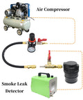 Front view of Yuesstloo turbo leak tester kit with air compressor, gauge, hoses, adapters, and green smoke detector.