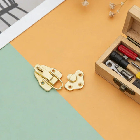 Six Piece Heavy Duty Duck Bill Toggle Latch Clasp Set For Sturdy Toolbox Wood Box And Cabinet Make It Lock Secure Easy Install on colorful background.