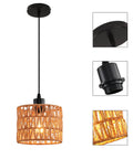 Total Vibe Hand Woven Rattan Pendant Light, Super Trendy Boho Chandelier For Kitchen Island, hanging rattan lamp with black metal base.