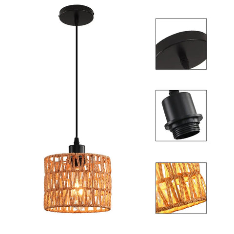 Total Vibe Hand Woven Rattan Pendant Light, Super Trendy Boho Chandelier For Kitchen Island, hanging rattan lamp with black metal base.