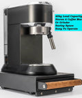 Stainless Steel Knock Box Drawer For No Sweat Daily Grind Cleanup Portable Espresso Grounds Container With Wooden Handle And One Liter Capacity Barista Ready Coffee Waste Bin For Quick Shot Sessions side view with wooden handle and espresso machine.