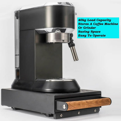 Stainless Steel Knock Box Drawer For No Sweat Daily Grind Cleanup Portable Espresso Grounds Container With Wooden Handle And One Liter Capacity Barista Ready Coffee Waste Bin For Quick Shot Sessions side view with wooden handle and espresso machine.