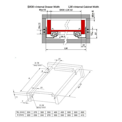 1 Pair Push To Open Under Mount Drawer Slides, Half Extension Rebound Rail Runners For Kitchen Cabinets, Rock Solid 25Kg Capacity, 14 Inch Design diagram with measurements.