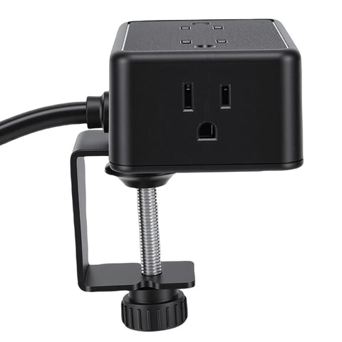 Lock Your Gaming Battlestation And Home Office With A Solid Desk Clamp Power Strip Featuring Four AC Outlets And Four USB Ports For Smart Charging with mount and cable.