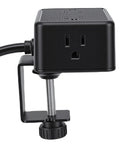 Heavy Duty Wall Clamping Design Game Changer Under Desk Power Strip With Eight In One Charging Hub Featuring Four AC Outlets Two USB C And Two USB A Fast Charge Ports For Gamer Setups mounted under a table.