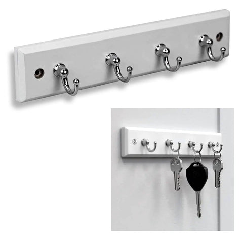 Wall Mounted Key Rack With Four Hooks, Steel And Wood Key Holder For Keys And Small Essentials, White Modern Home Organizer