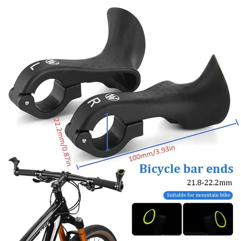 Two black ergonomic no slip bike handlebar ends for MTB and road cyclocross bikes extender bar ends fits 21.8 to 22.8mm handlebars.