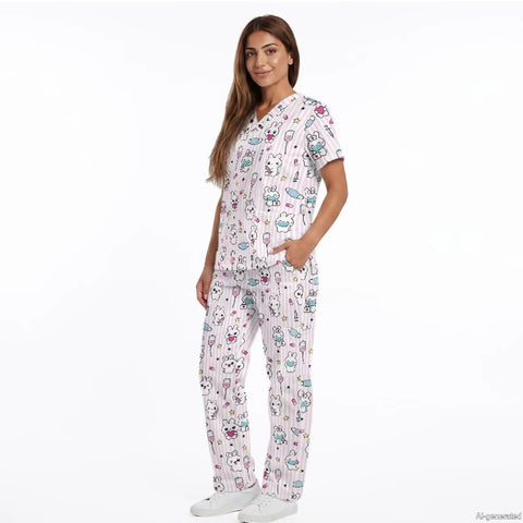 Woman in Cute Rabbit Pediatric Scrubs Tops and Pants Set for women with plenty of pocket space, soft stretch fabric, and breathable comfort.