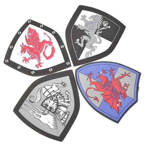 Four colorful foam shields from Foam Sword And Shield Set For Kids 12 Piece Ninja Warrior Viking Role Play Gear with dragon and lion designs.