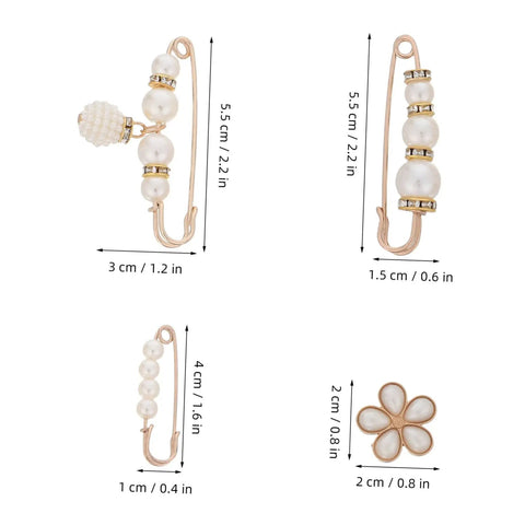 Eight Piece Pearl Waist Tightener Pin Set Elegant Alloy Dress Cincher Clips in various sizes for securing loose trousers.