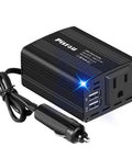 Road Life Ready 150W Car Power Inverter Converts 12V DC To 110V AC With Quick Charge Ports, compact design with USB ports.