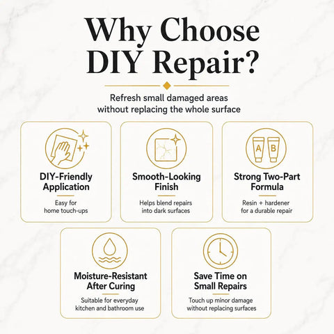 Infographic explaining benefits of using Black Tub And Tile Repair Kit 5.6 Oz Epoxy Putty For Bathtub And Countertop Restoration.