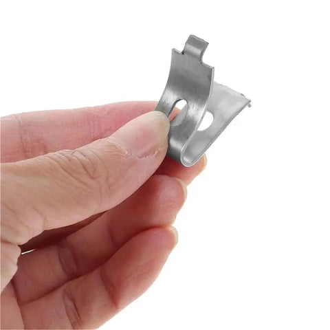 Close-up of Heavy Duty Metal Partition Shelf Bracket Clip for Glass and Wood Panels in hand, anti oxidation finish.