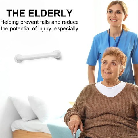 Straight Up Solid Stainless Steel Twelve Inch Bathroom Safety Grab Bar With Smooth Anti Slip Grip Perfect For Elderly Seniors Total Lifesaver Support Handle Easy Peasy Setup in bathroom with elderly using walker.