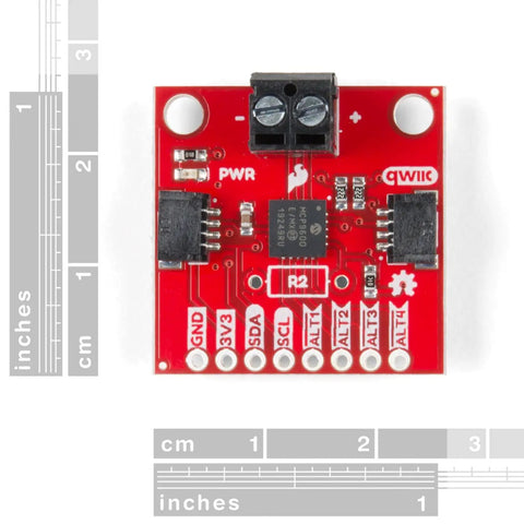 Front view of Qwiic Thermocouple Amplifier With MCP9600 For K Type Thermocouples Dual Temp Reads and Four Programmable Alerts with I2C address jumpers and screw terminal connectors.