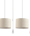 2 Pack Plug In Pendant Lights With 15Ft Clear Cord Toggle Switch Beige Linen Shade Modern Hanging Lamp, 12 inch diameter shades.
