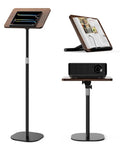 All In One Floor And Desktop Wooden Book And Music Stand That Do It All With Solid Wood Build Adjustable Height From Sixteen Point Five To Fifty One Inches Hands Free Reading Stand With Page Clip For Cookbooks Sheet Music Bible Office And Home showing different setups for books and projectors