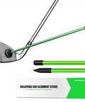 Two Pack 40 Inch Golf Alignment Sticks With Magnetic Club Alignment Rod attached to golf club for swing visualization.