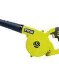 Compact 18 Volt Cordless Workshop Blower With Battery And Charger, yellow handheld design for debris cleanup.