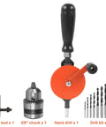 3/8 Inch Hand Drill With Manual Crank And 8 Piece Drill Bit Set Safe Double Pinions Design Adjustable Chuck 1.5 To 10mm Non Slip ABS Handle