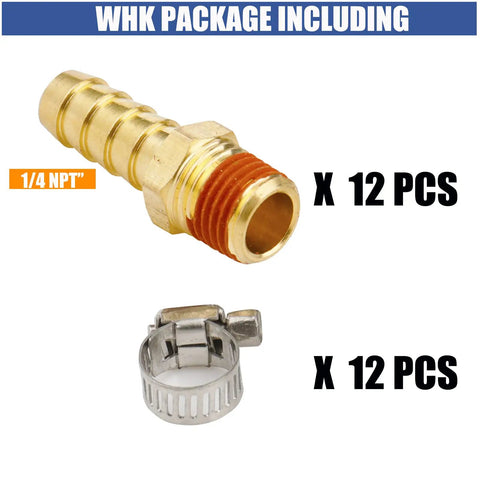 12 Pack Brass Air Hose Repair Kit Fittings 3/8 Barb to 1/4 NPT Connectors With Sealant and Air Line Coupler, Hose Clamps